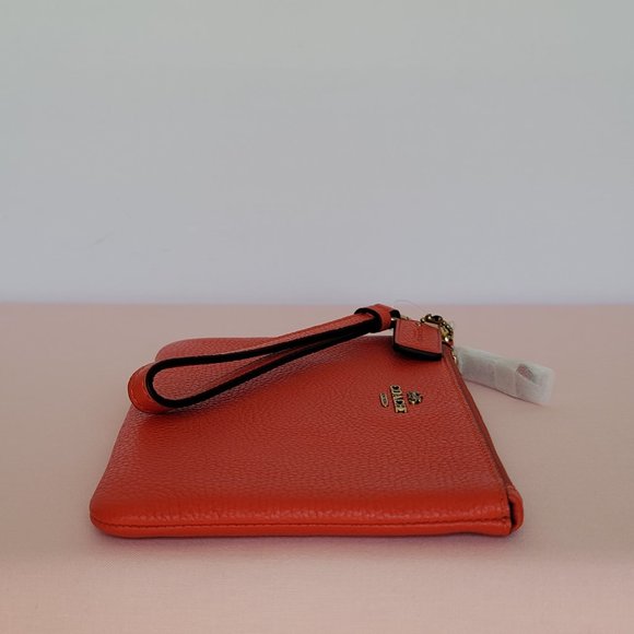 COACH Small Wristlet in Polished Pebbled Leather -Red Orange - Picture 11 of 16